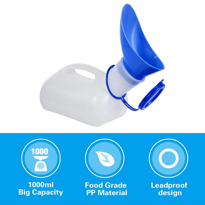 Urinal portabil unisex, 1000ml, alb/albastru, plastic