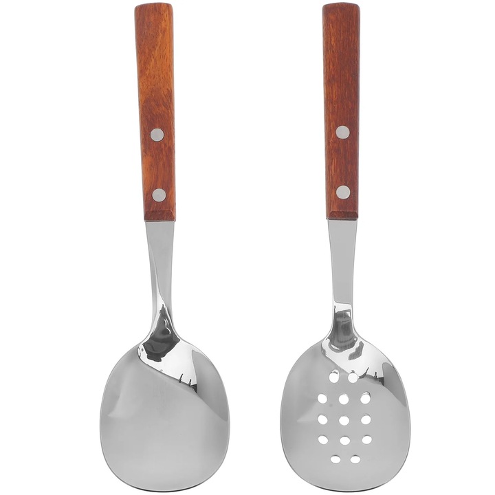 Set 2 linguri servire buffet, inox, 21.3x5.2x1 cm, argintiu/maro
