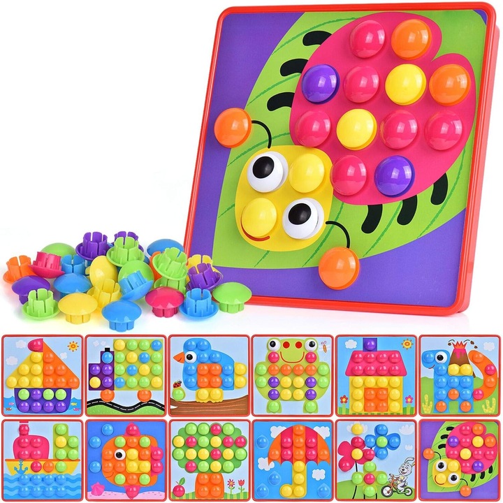Jucarie mozaic cu stifturi ZYBLSSBB LSM2XH19988-LKX-0007, set creativ cu 45 stifturi si 12 placi ilustrate, multicolor, 25x25x6 cm