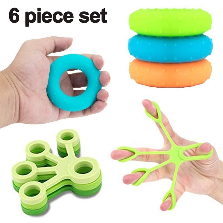 Set antrenament maini ZYBLSSBB, 6 piese (inele si extensori de degete), silicon, 3 niveluri rezistenta 3/4/5 kg, multicolor