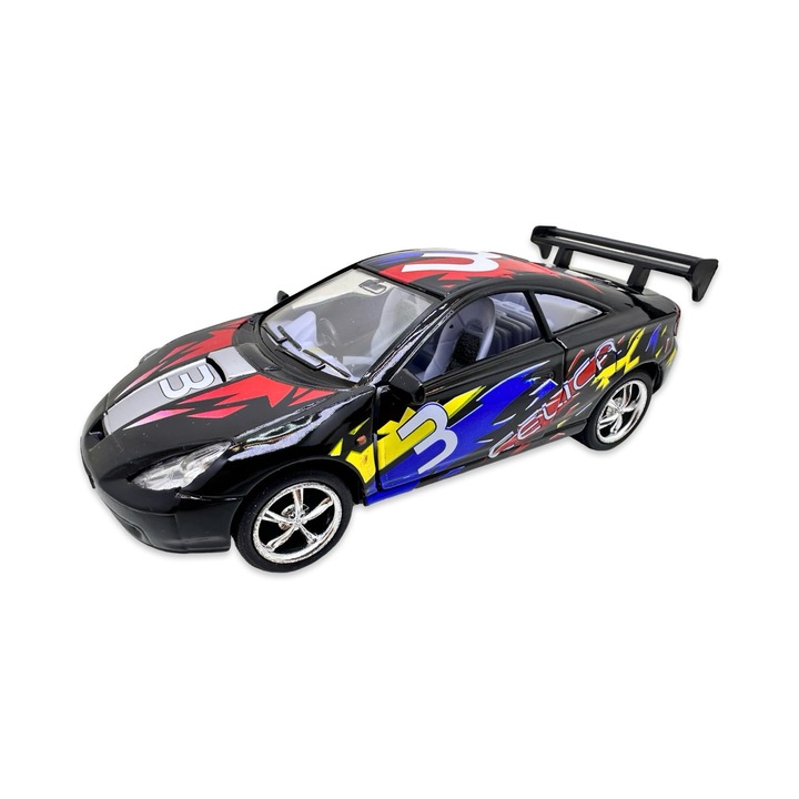 Toyota Celica fekete versenyautó modell nyitható ajtókkal és visszahúzós mechanizmussal, saját doboz nélkül