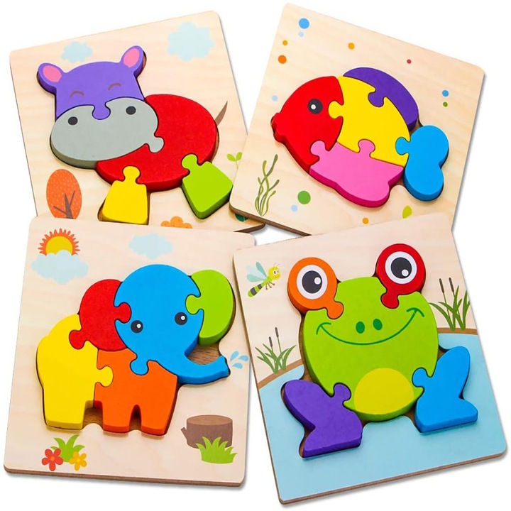 Fajáték puzzle gyerekeknek 1-3 év, 4 állatos készlet, többszínű 15x15x1.5cm
