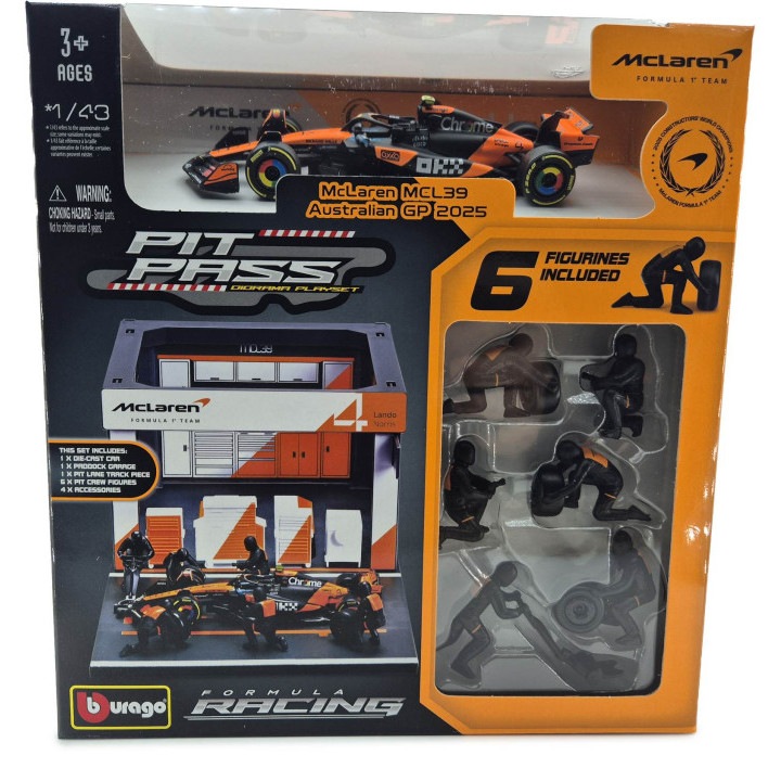 McLaren Pit Stop - boxutca diorama - MCL39 F1 #4 (2025) - Lando Norris - szerelőkkel - Bburago - 1:43
