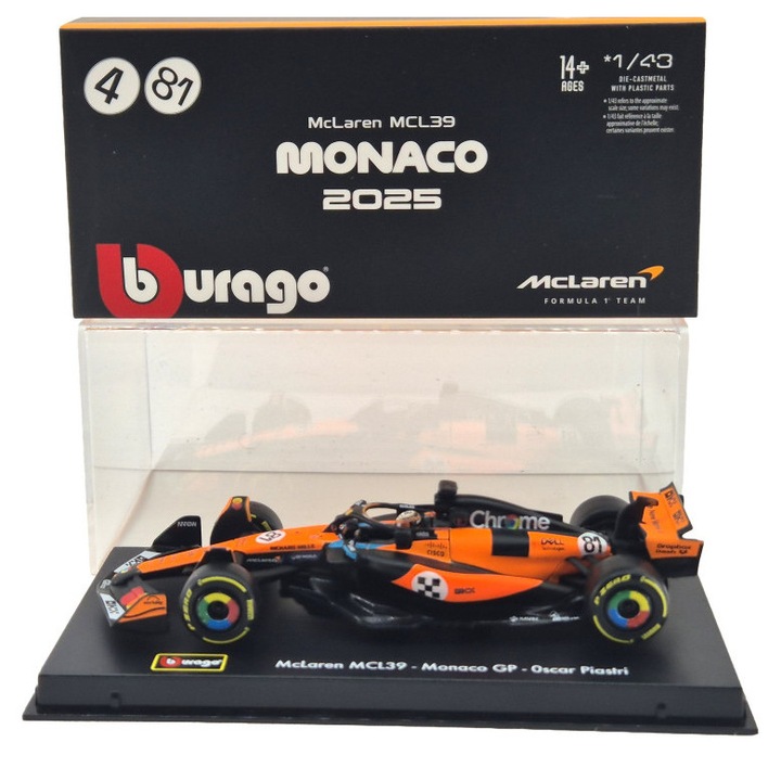 McLaren MCL39 F1 #4 (2025) - Monaco GP - Oscar Piastri - PILÓTÁVAL - Bburago - 1:43