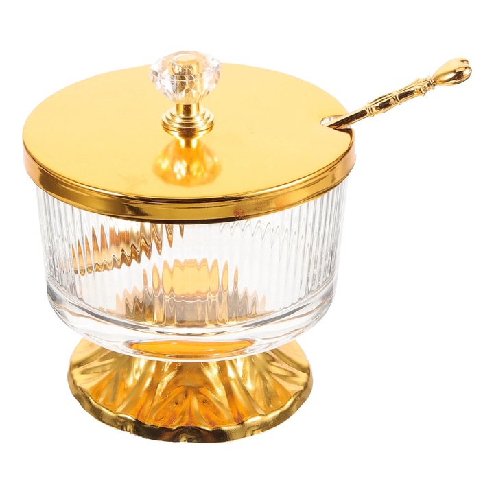 Set 2 recipienti pentru zahar din sticla ZYBLSSBB LSM2xh4172-BCS0058125, capac si lingurita din aliaj auriu, transparent/auriu, 10 x 9 x 9 cm (cutie), lingurita 12 x 2.5 x 1 cm