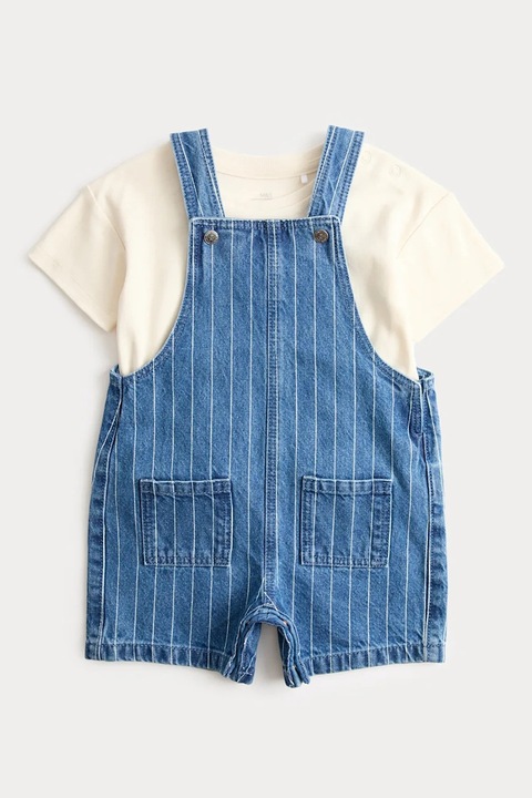 Marks & Spencer, Set de tricou uni si salopeta din denim cu dungi - 2 piese, Albastru melange/Crem