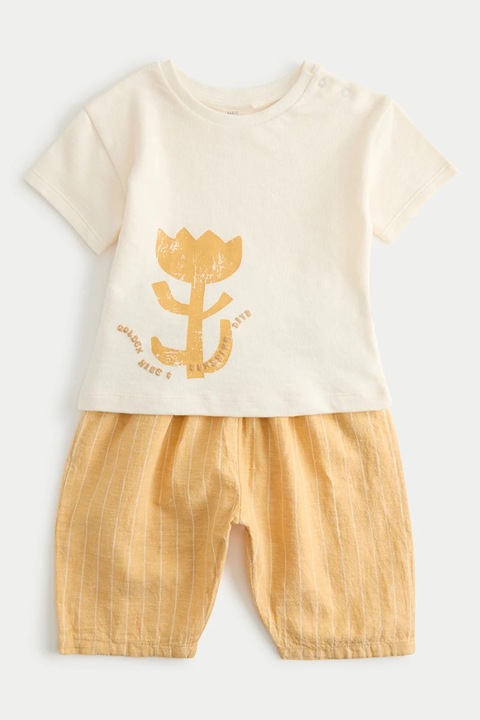 Marks & Spencer, Set de tricou din bumbac cu imprimeu si pantaloni cu dungi - 2 piese, Portocaliu persan/Crem