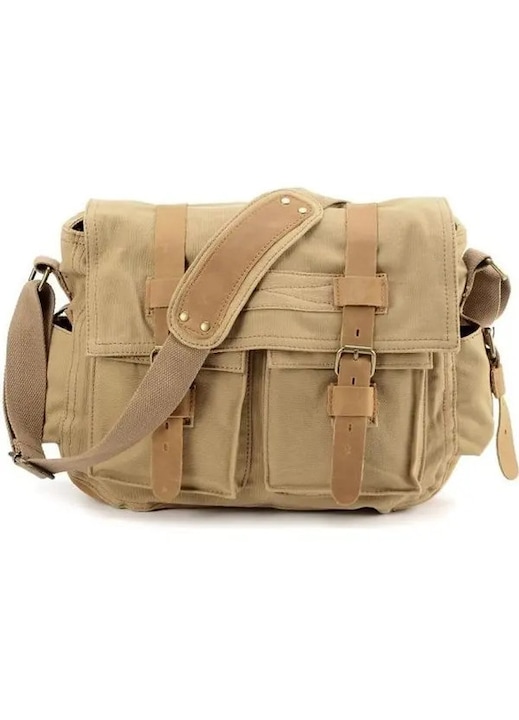 Vászon és bőr futártáska, 36x10x28cm, khaki