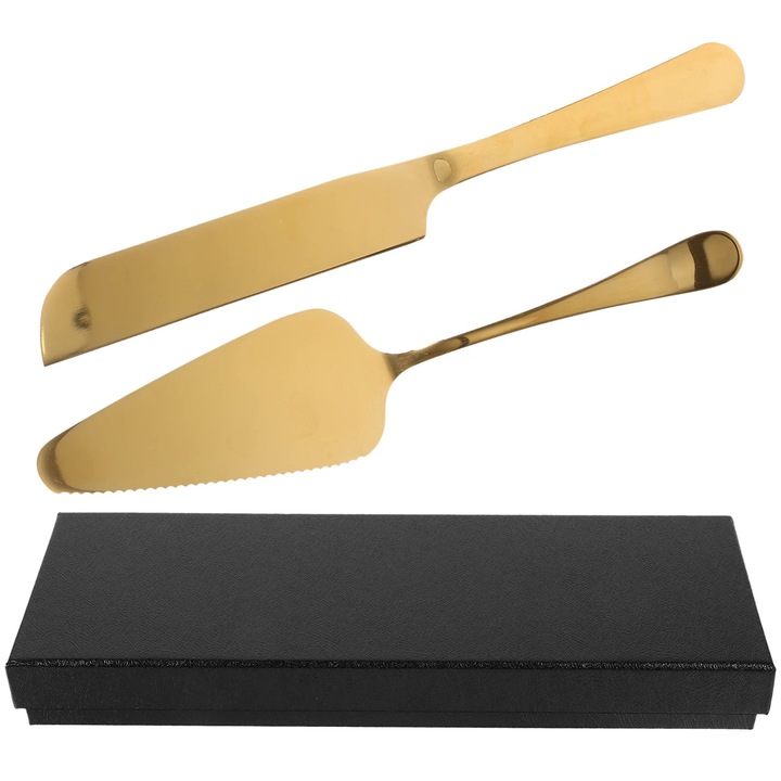 Set pentru taiat si servit prajituri, inox, auriu, 23.5x4.5x0.5cm