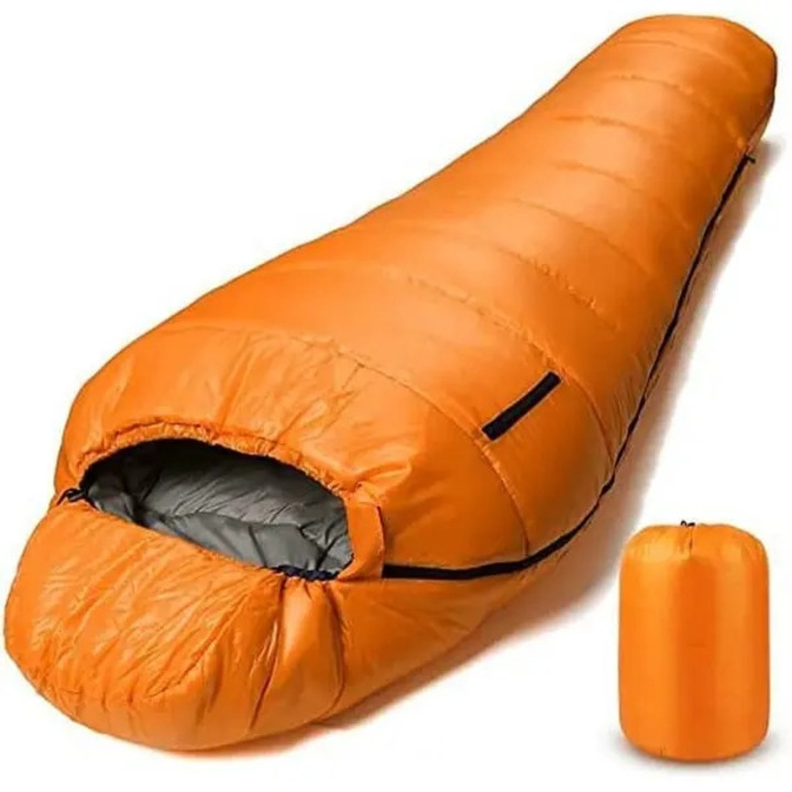 Múmia hálózsák, 4 évszakos, hidrofób, fehér pehely, 10°C, 992g, kompakt