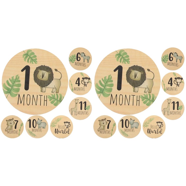 Set 14 semne lemn pentru etape bebelus, multicolor, 10x10x0.3cm