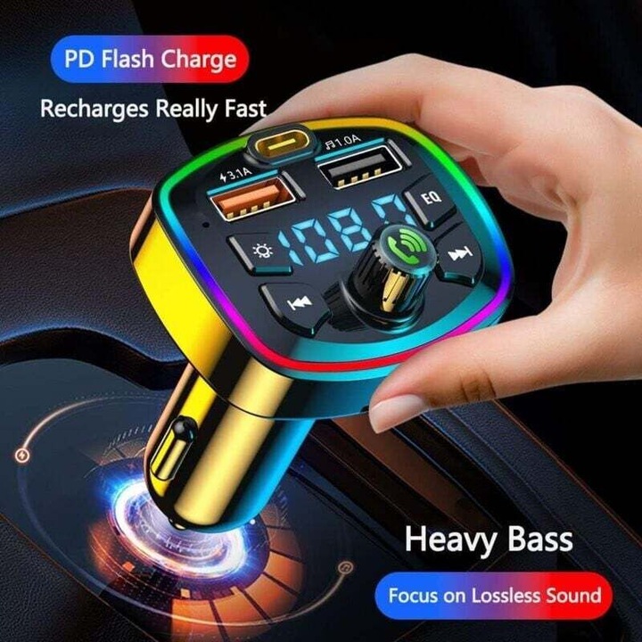 Transmitator FM auto Bluetooth, 2 porturi USB, incarcare rapida QC3.0, multicolor, universal