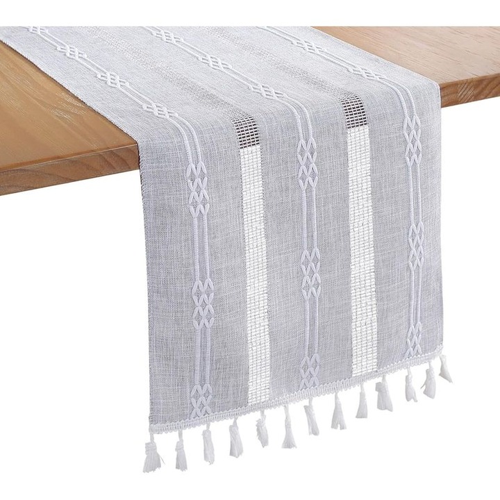 Traversa de masa boema, poliester, gri, 33x183cm, cu ciucuri manuali