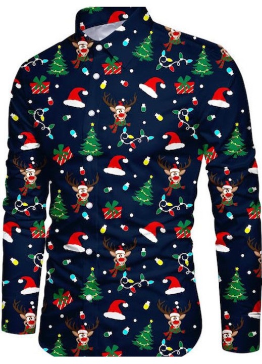 Férfi ing, Fanient, rénszarvas mintával, regular fit, pamut, poliészter és spandex kevert anyagból, többszínű, hosszú ujjú, M