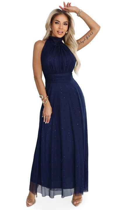 Rochie lunga luxoasa cu accent de brocart si o croiala eleganta - bleu, bleumarin, UNI