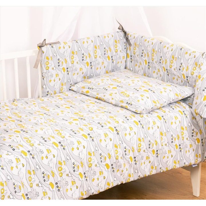 Gyermek ágynemű szett, BabyMatex, Trendy Pojazdy, jármű mintás, 3 részes, 100 x 135 cm, pamut, rácsvédővel