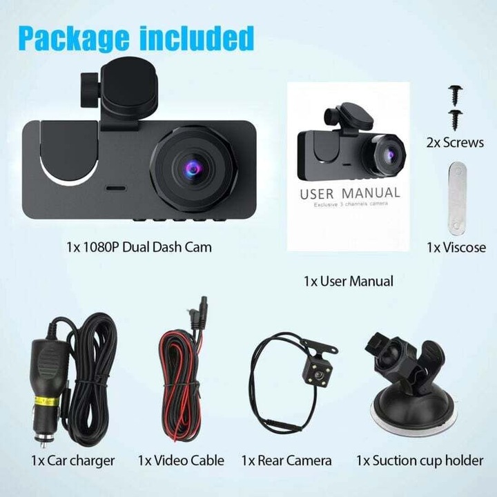 Autós kamera 3 csatornás 4K 1080p, széles látószögű, éjjellátó, WiFi, 24 órás, fekete