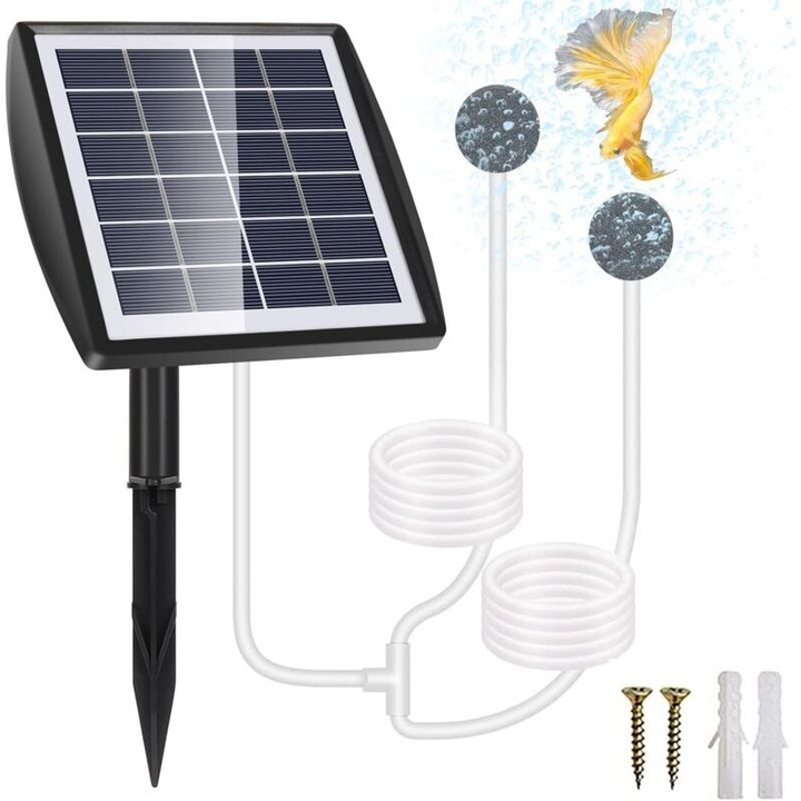 Pompa aer solara 2W, baterie 2200mAh, reglabila, rezistenta la apa, pentru iazuri si acvarii