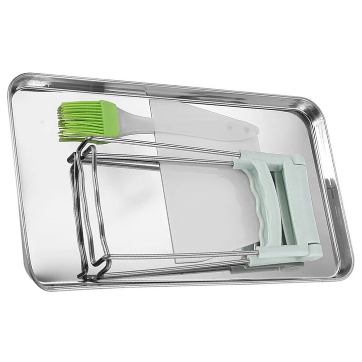 Set platou din otel inoxidabil 4 piese, 26.4x15.5x2.5cm, accesorii silicon