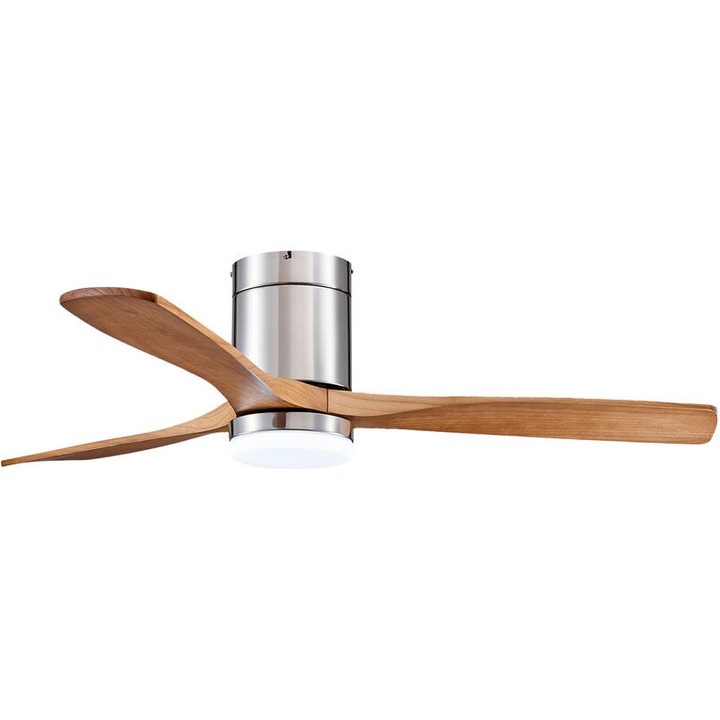 Ventilator tavan cu lumina, lamele lemn, reglabil, argintiu, 28cm