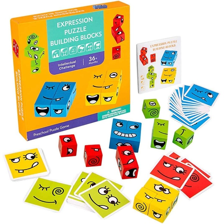 Cuburi puzzle emoji din lemn, set 12 piese, multicolor, 20x20x3.5cm
