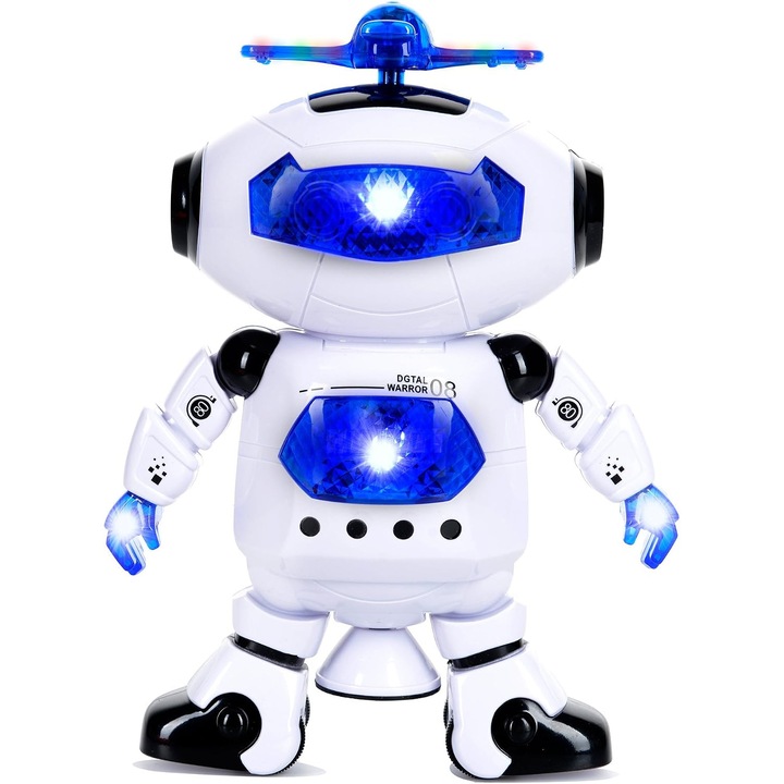 Robot de jucarie dansator, interactiv, rotire 360, lumina LED, muzica, 20x15x10cm