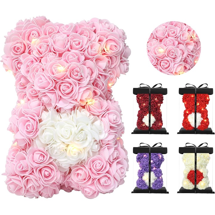 Rózsaszín rózsa maci 25cm LED fényekkel, évfordulós ajándék Valentin-napra