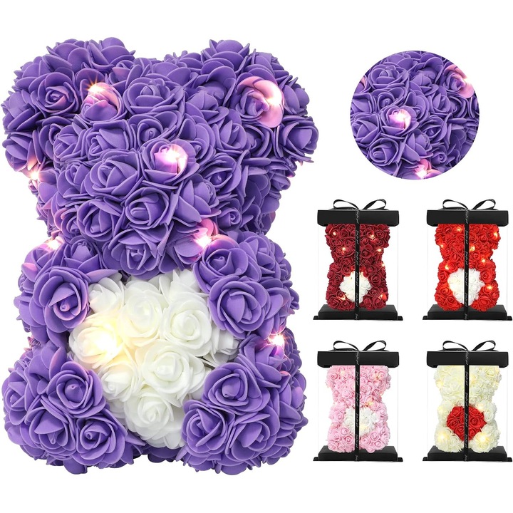 Lila rózsa maci 25cm LED fényekkel, évfordulós ajándék Valentin-napra