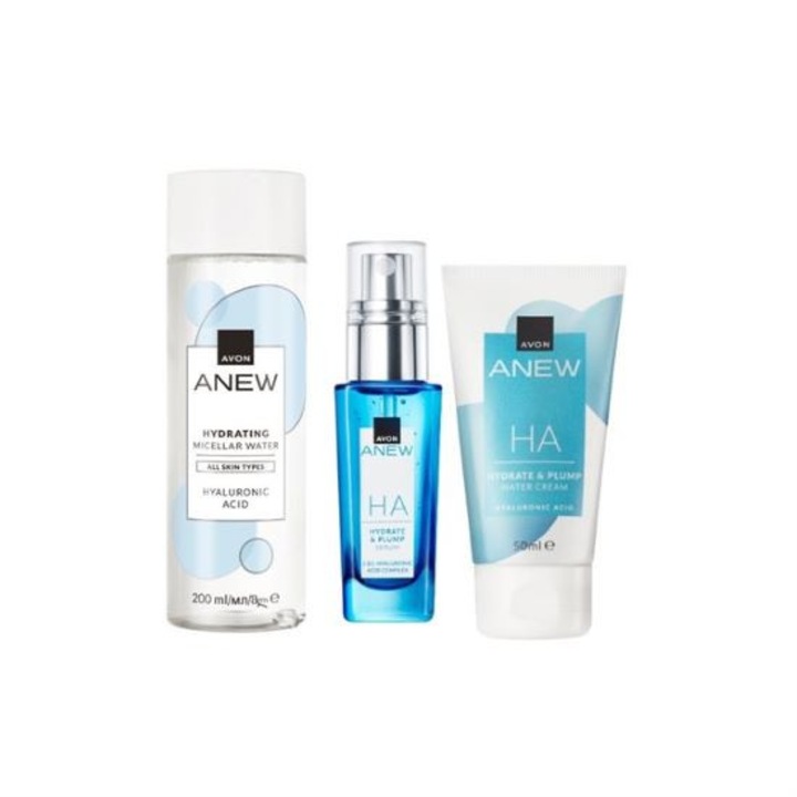 Set Anew HA -Apa micelara 200 ml, Ser 30 ml. Crema de fata 50 ml Acid hialuronic pentru hidratare instantanee si un aspect de piele neteda, Avon