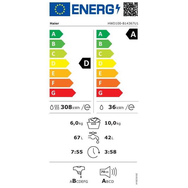 Masina de spalat rufe cu uscator Haier HWD100-B14367U-S, 10+6 kg, 1400 rpm, clasa A-30%/ D, motor Direct Motion, Flexy Time, WiFi/ hOn, ABT, Refresh, alba