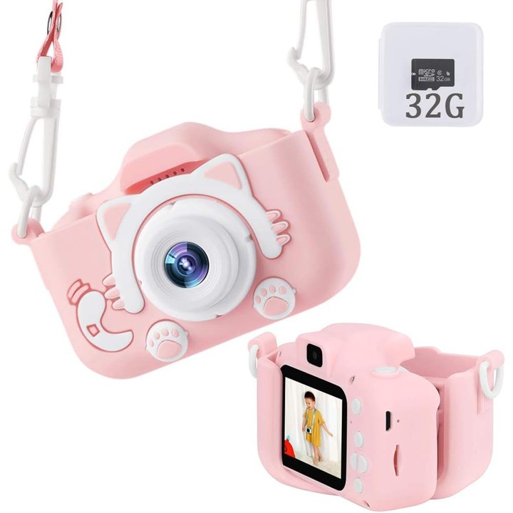 Gyermek digitális fényképezőgép, 20MP, 1080P, rózsaszín, 32GB, kompakt, szilikon védelemmel