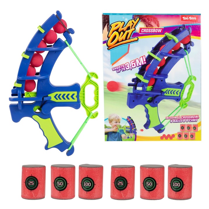 Toi-Toys Play Out Íjpuska Játékszett 6 Hablabdával és 6 Konzerv Céltáblával, 3.5m Hatótáv, Kék/Zöld