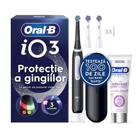 Set periuta de dinti electrica Oral-B iO3 + 3 capete de periaj + Pasta de dinti Oral-B Clinical Intensive Whitening, 75 ml, Trusa de calatorie, Negru
