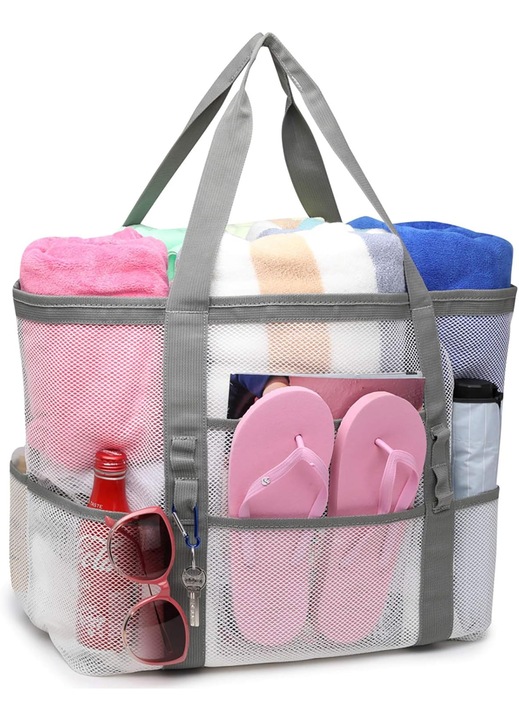 Geanta plaja mare, mesh, alb, 42x38x22cm, capacitate 72kg