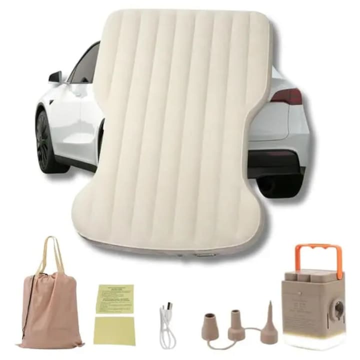 Tesla Model Y autós kemping matrac 210x127x20cm bézs színben, vezeték nélküli pumpával és beépített lámpával