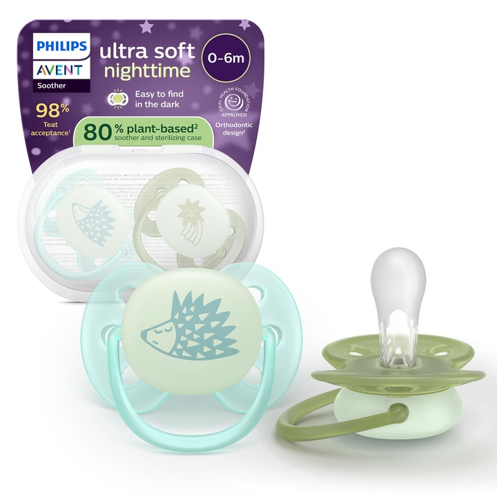 Комплект 2 залъгалки Philips Avent Ultra Soft нощни SCF094/01 за чувствителна кожа, 0-6 месеца