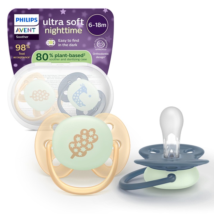 Комплект 2 залъгалки Philips Avent Ultra Soft нощни SCF094/03 за чувствителна кожа, 6-18 месеца
