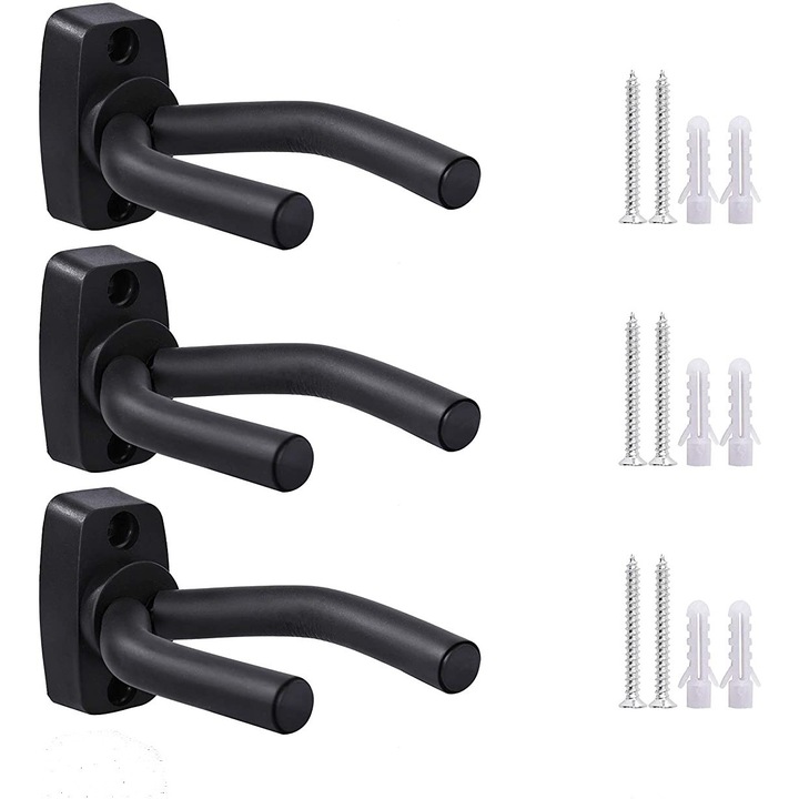 Set 3 Suporturi chitare perete, plastic-metal, negru