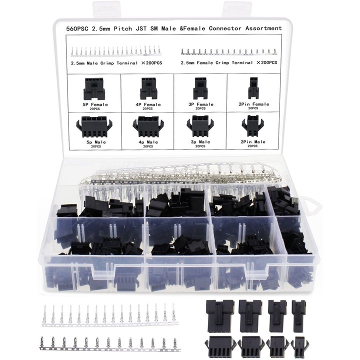 Set 200 conectori male si female 2-5 pini, 2.5mm, negru