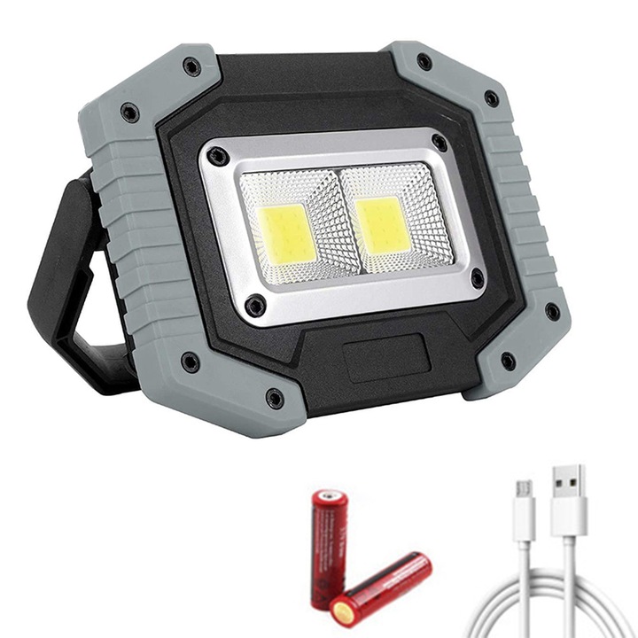 LED munkalámpa 30W, hordozható, újratölthető, sárga-fekete-szürke, 136x102x32mm