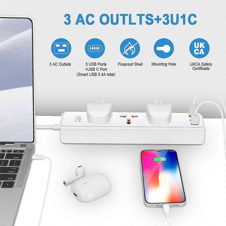 Разклонител USB, 4 контакта, 3 USB-A порта, превключвател, кабел 1.2м, защита от претоварване