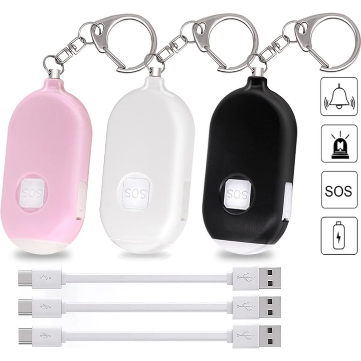Set 3 alarme personale, autoaparare, 130dB, LED 200 lumeni, 7x8x7.5cm, multicolor