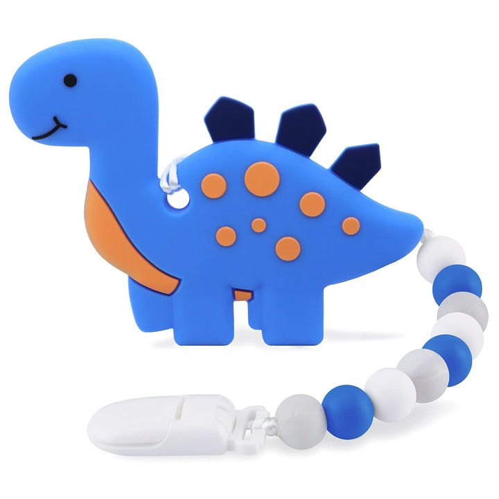Szilikon rágóka, dinoszaurusz, szürke, 3-12 hónapos korig, cumitartó csipesszel