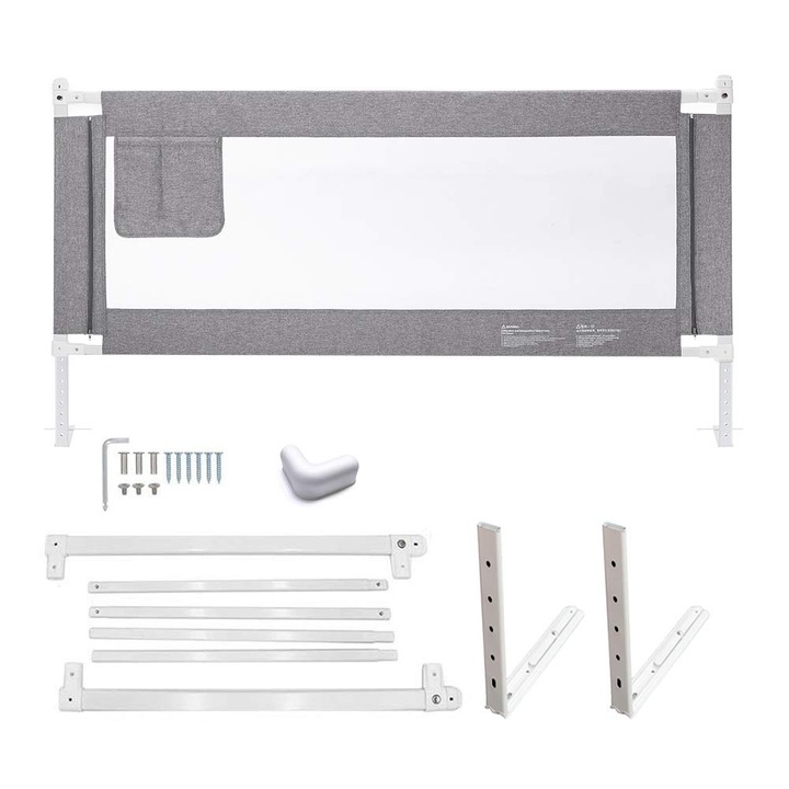 Bariera pat copii, reglabila, metal si Oxford, gri, 180x70-93cm