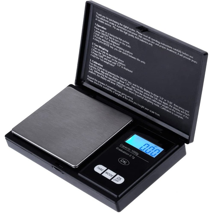 Cantar digital portabil, 1000g x 0.1g, negru, 12.5x7.2x1.7cm