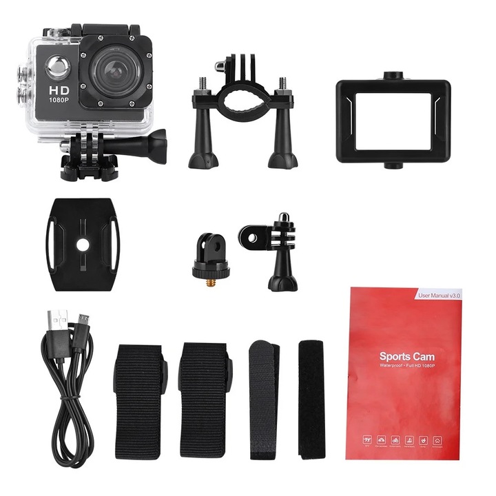 Camera video sport, mini, negru, 2 inch, 30m impermeabil, 58x40x30mm