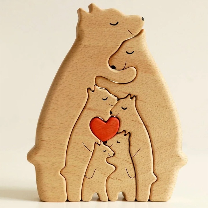 Személyre szabott fa puzzle, medvecsalád, 16x10x2cm, többszínű