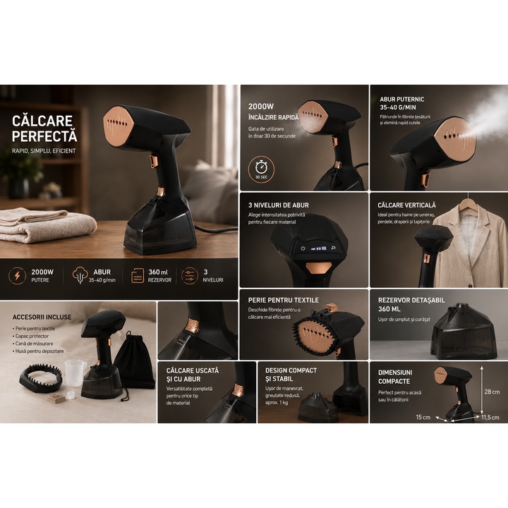 Aparat de calcat cu abur, 2000W, Incalzire rapida 30 sec, Debit abur 35-40 g/min, 3 niveluri de abur, Rezervor 360 ml, Calcare verticala si orizontala, 28 x 15 x 11.5 cm, Plastic, culoare Negru