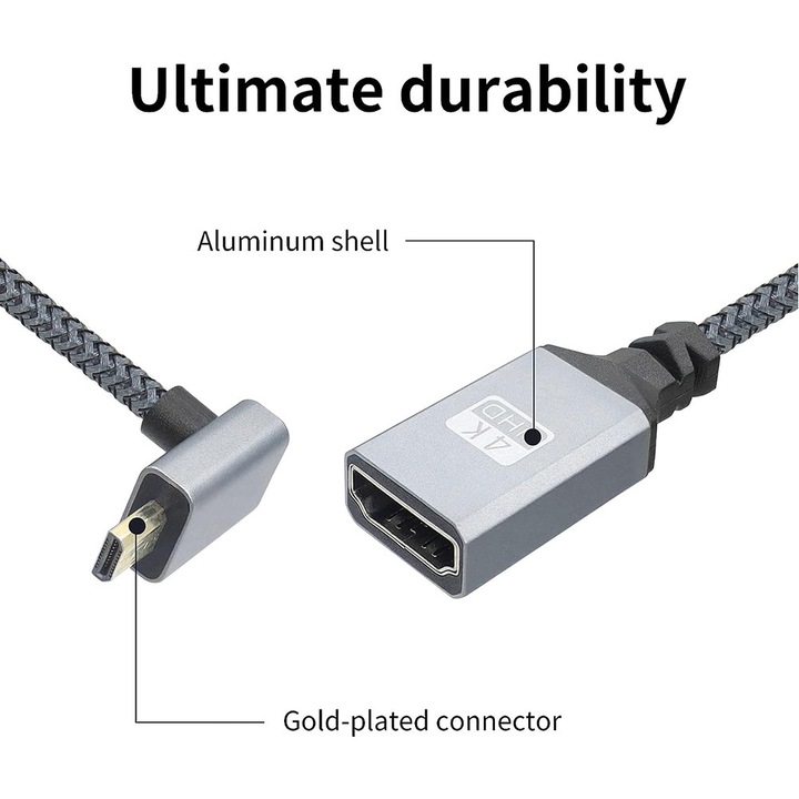 Кабел удължител Micro HDMI към HDMI, 20см, прав ъгъл, черен