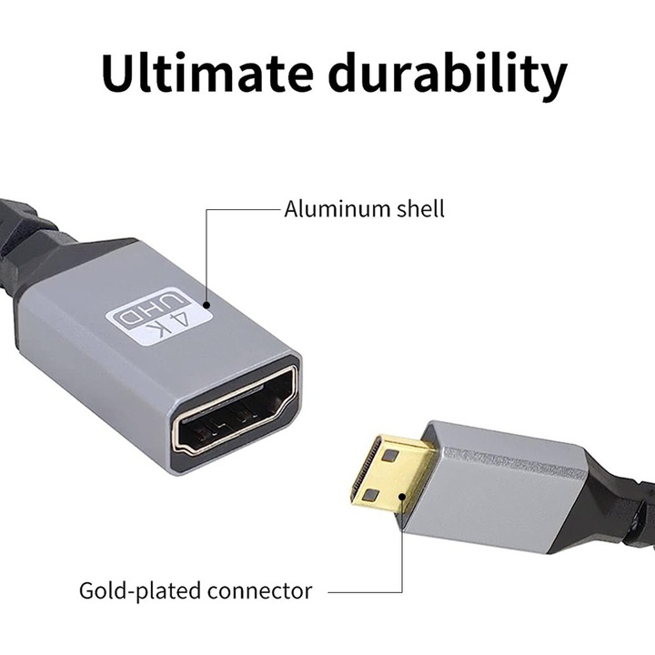 Кабел удължител Mini HDMI към HDMI, 20см, позлатен, черен